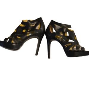 Pour La Victoire  Caged  Platform Genuine Black Leather Cage Style Heels